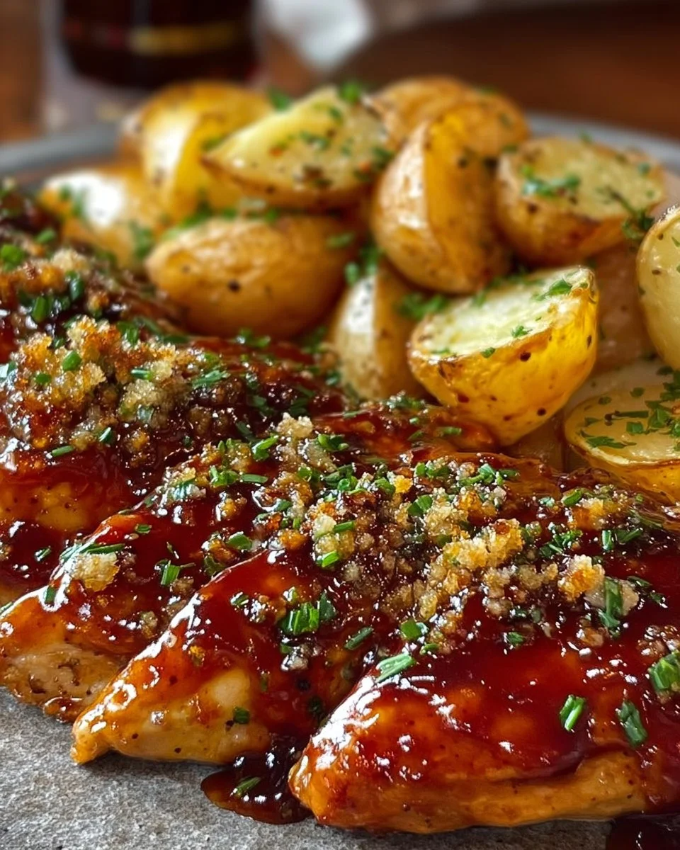 Crunchy Honey BBQ Chicken served with Creamy Garlic Parmesan Potatoes