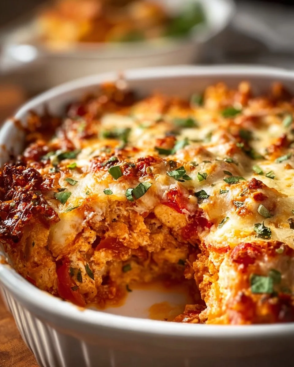 High-protein chicken parmesan casserole topped with melted cheese and herbs