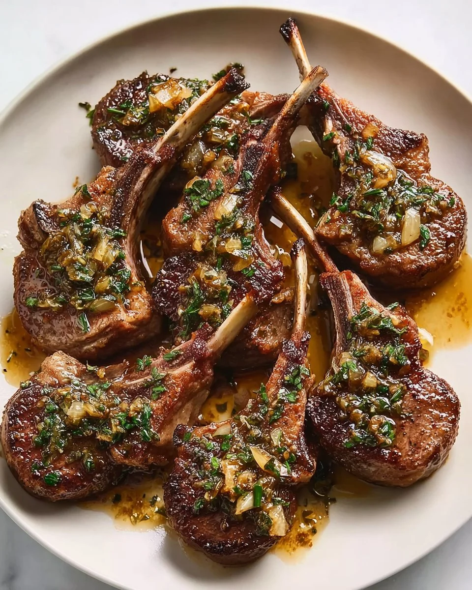 Deliciously cooked easy lamb chops on a white plate with herbs