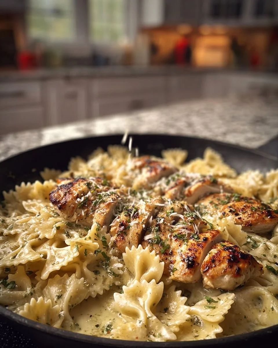 Creamy Garlic Parmesan Chicken Pasta served in a bowl with fresh parsley