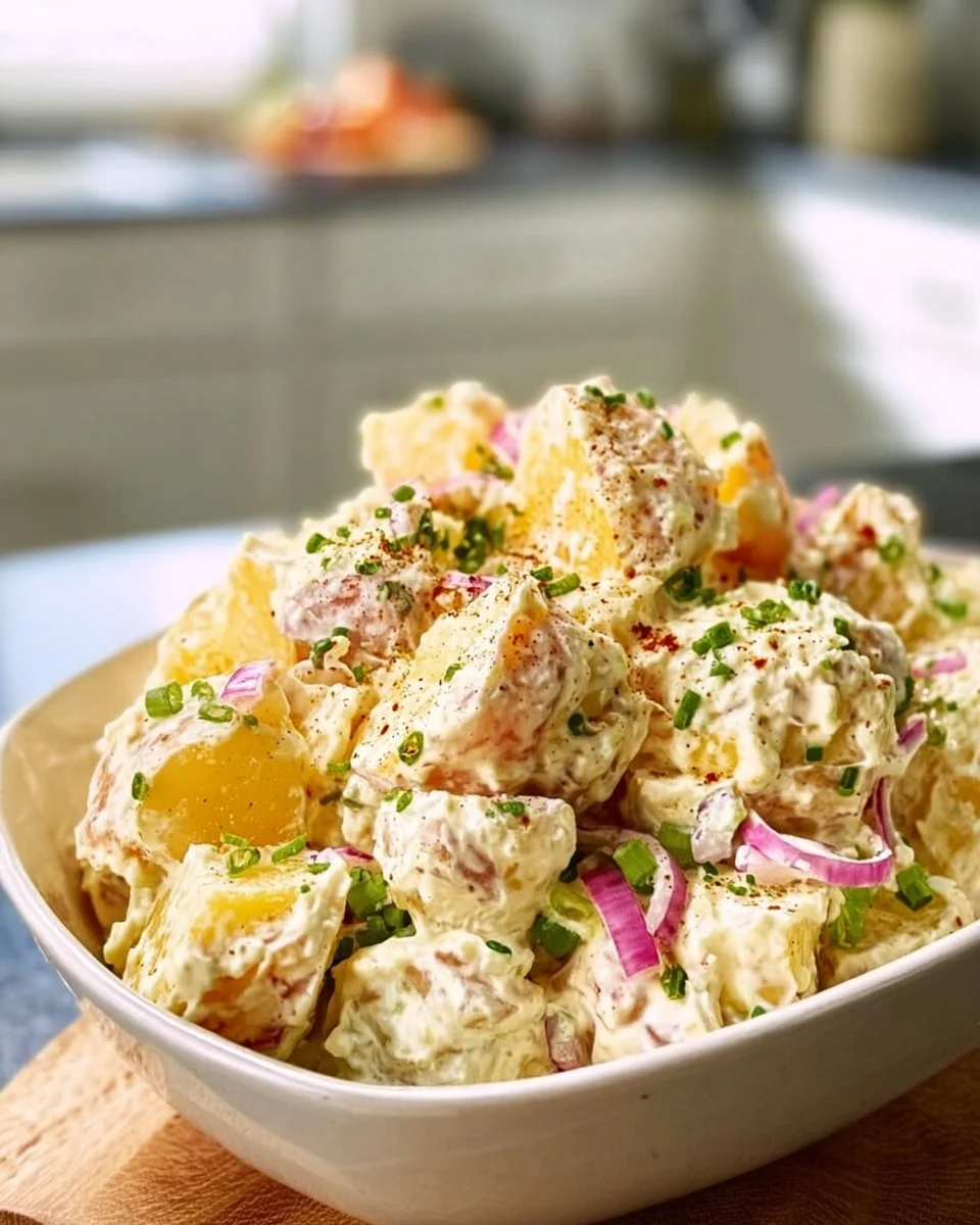 Healthy potato salad recipe for serving a crowd at gatherings and events