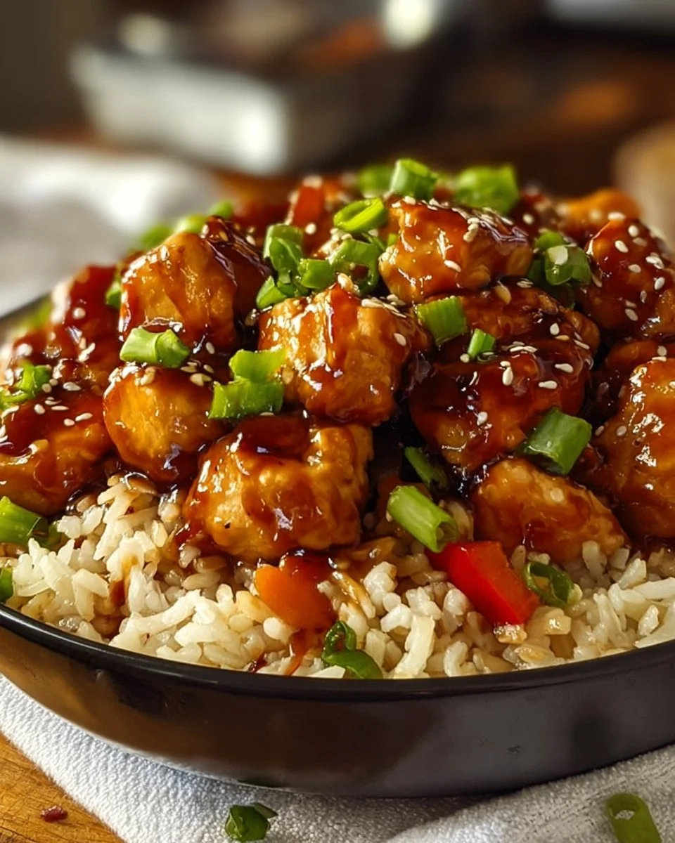 Honey BBQ Chicken served over rice with colorful vegetables