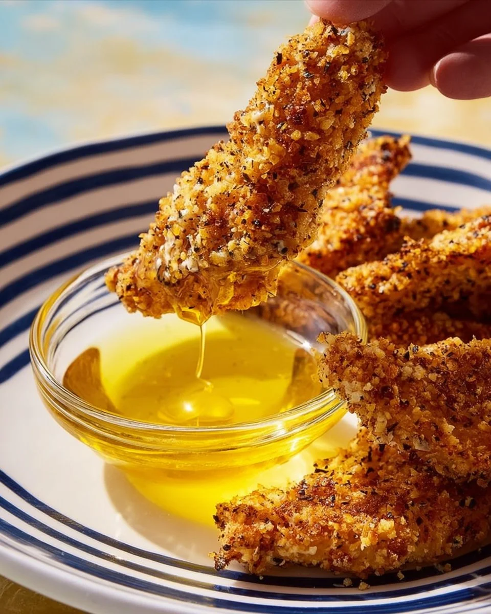 Crispy Lemon Parmesan Chicken Tenders served with fresh herbs