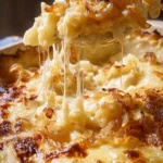Creamy macaroni and cheese topped with caramelized onions in a bowl.