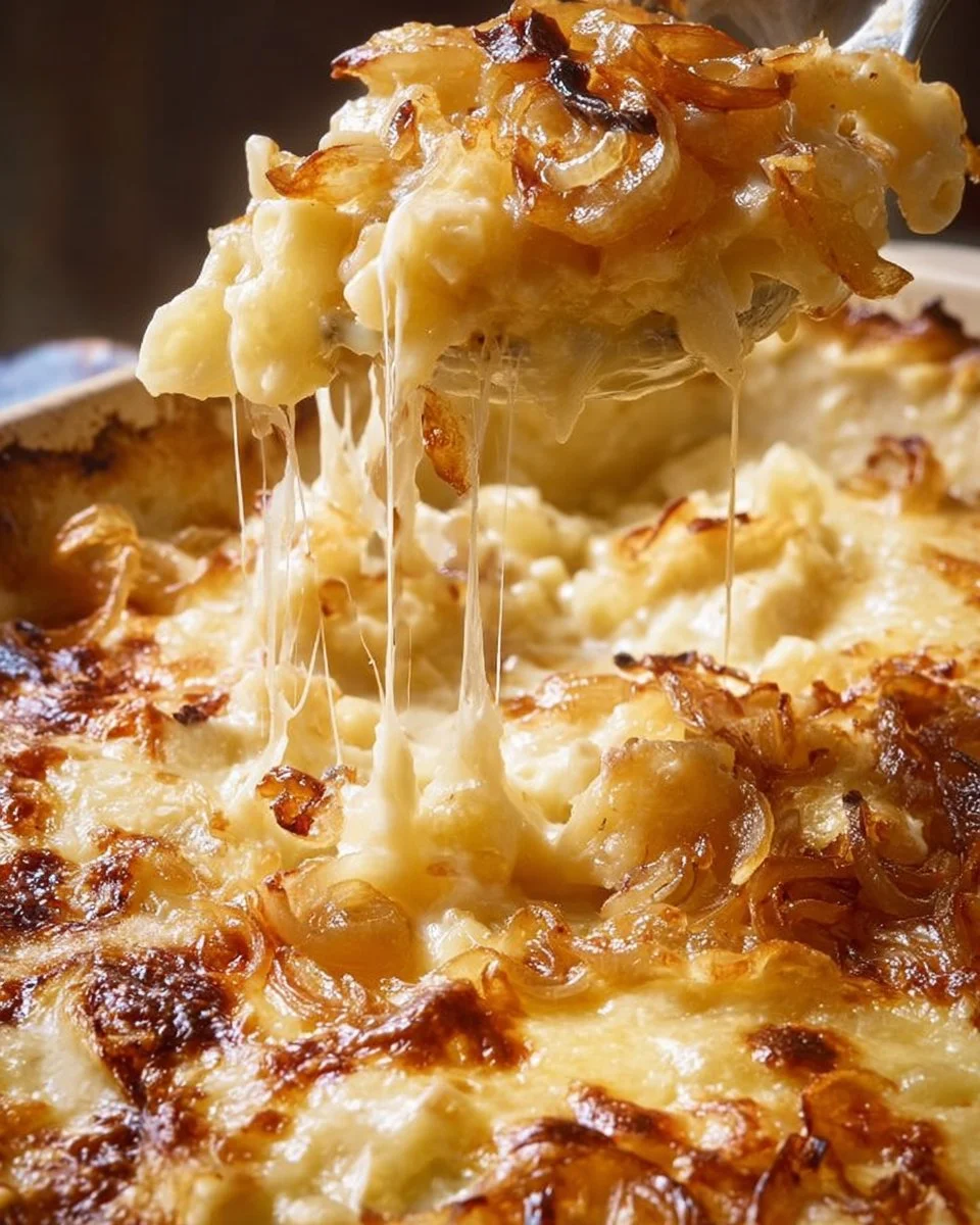 Creamy macaroni and cheese topped with caramelized onions in a bowl.