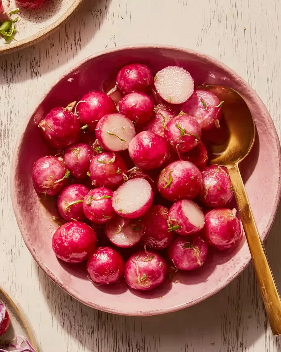 Plate of miso-glazed radishes garnished with herbs.