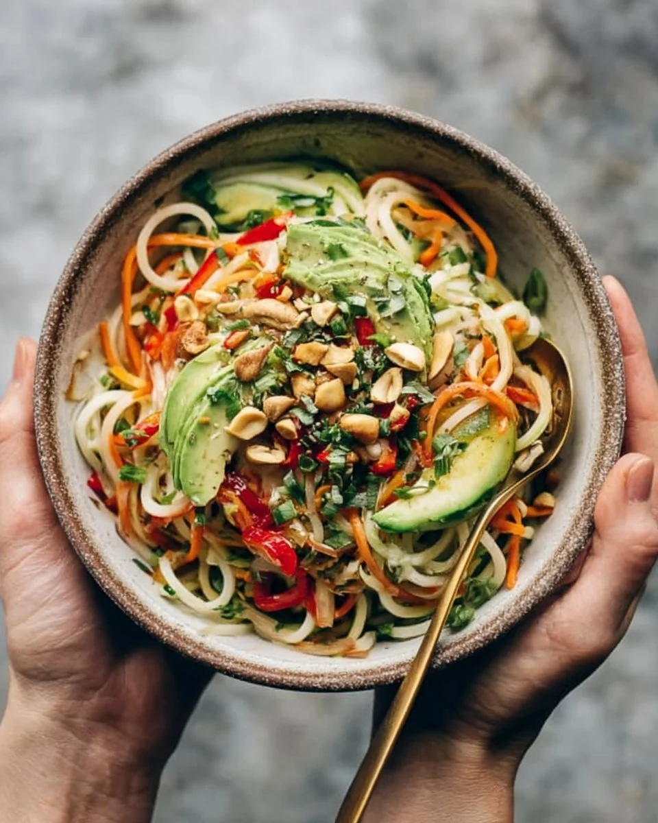 Delicious Spring Roll Bowl topped with fresh vegetables and garlic-lime sauce.