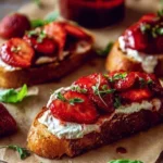 Strawberry jam served with honey-whipped goat cheese on a plate