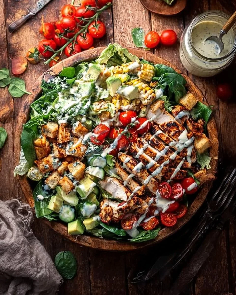 Tajin Chicken Caesar Salad with Jalapeno Corn served in a bowl
