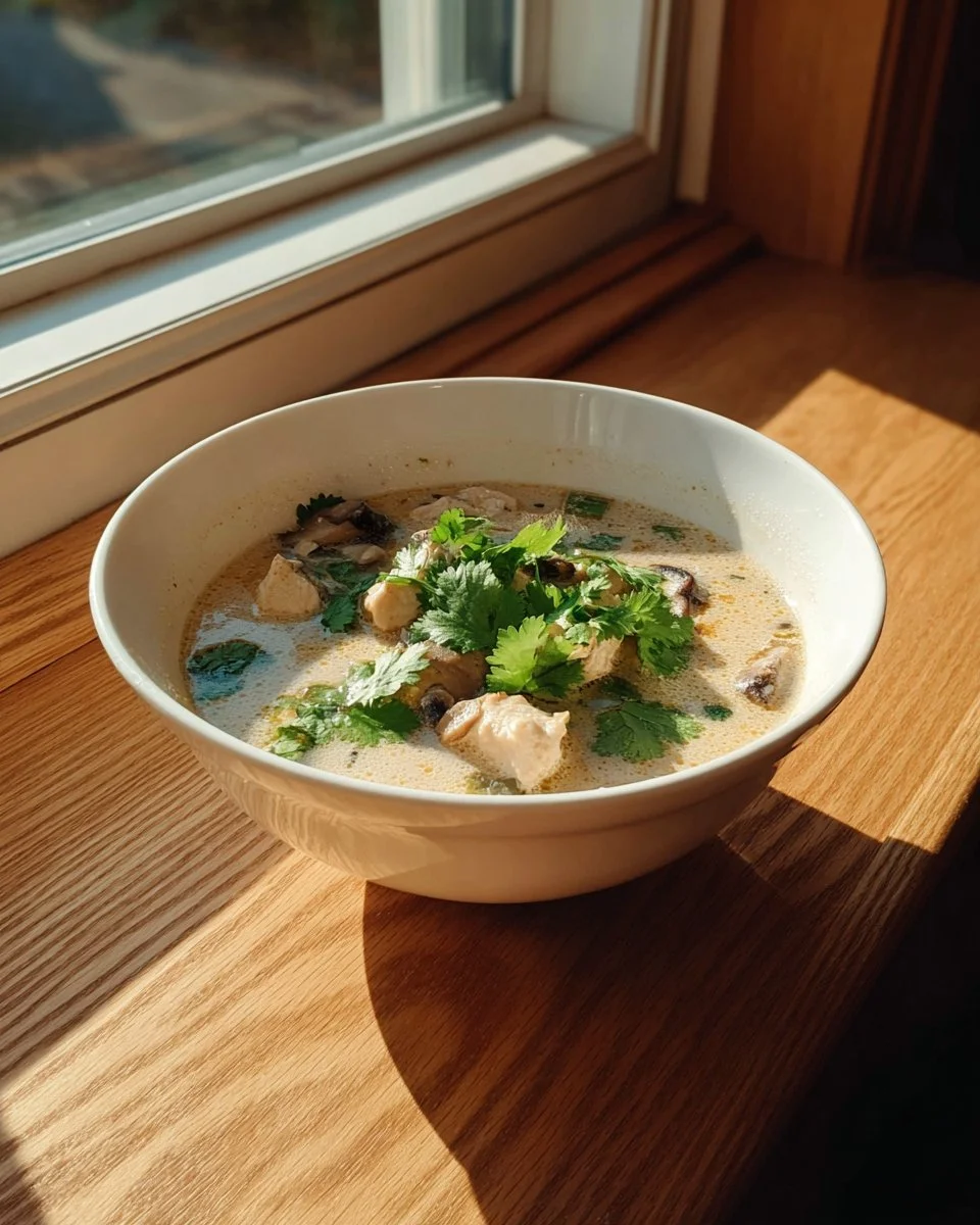 Bowl of Tom Kha Gai, a delicious Thai chicken coconut soup garnished with herbs