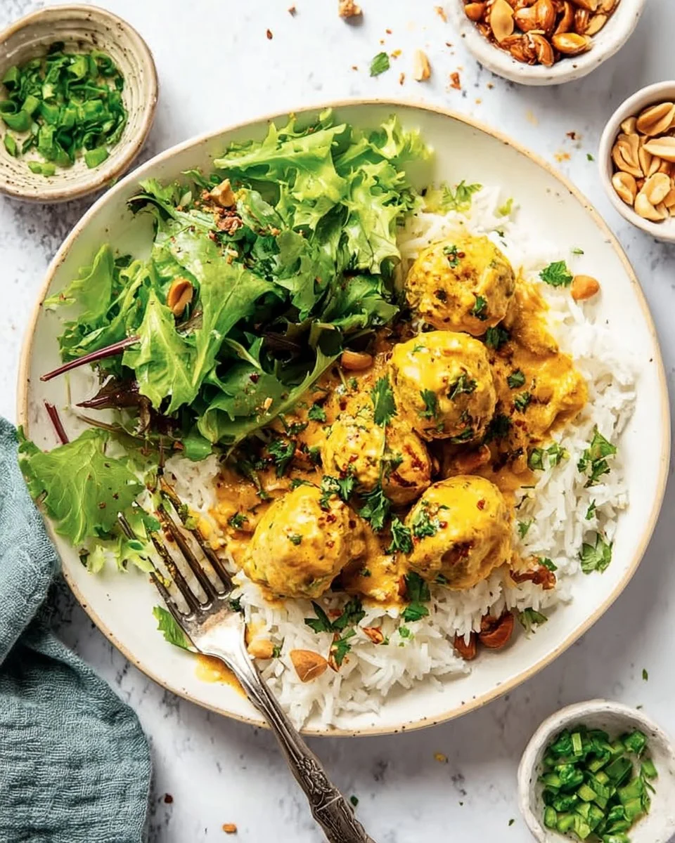 Delicious yellow curry meatballs with peanut shallot crispies on a plate