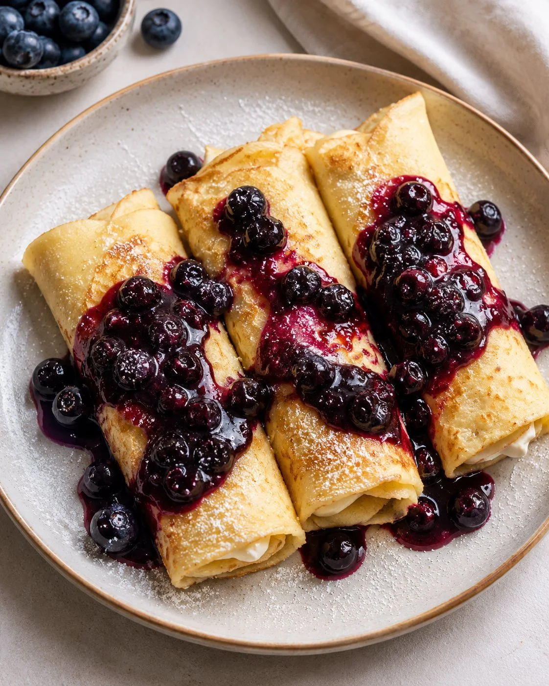 Delicious homemade Cheese Blintzes served with fruit topping