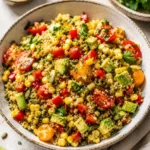 Colorful quinoa salad with fresh vegetables and dressing in a bowl