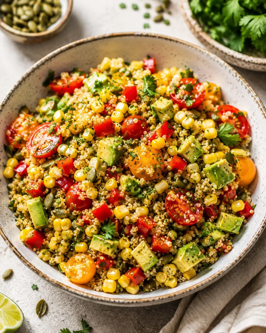 Colorful quinoa salad with fresh vegetables and dressing in a bowl