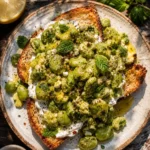 Fried Bread topped with Burrata cheese and Castelvetrano olives on a plate