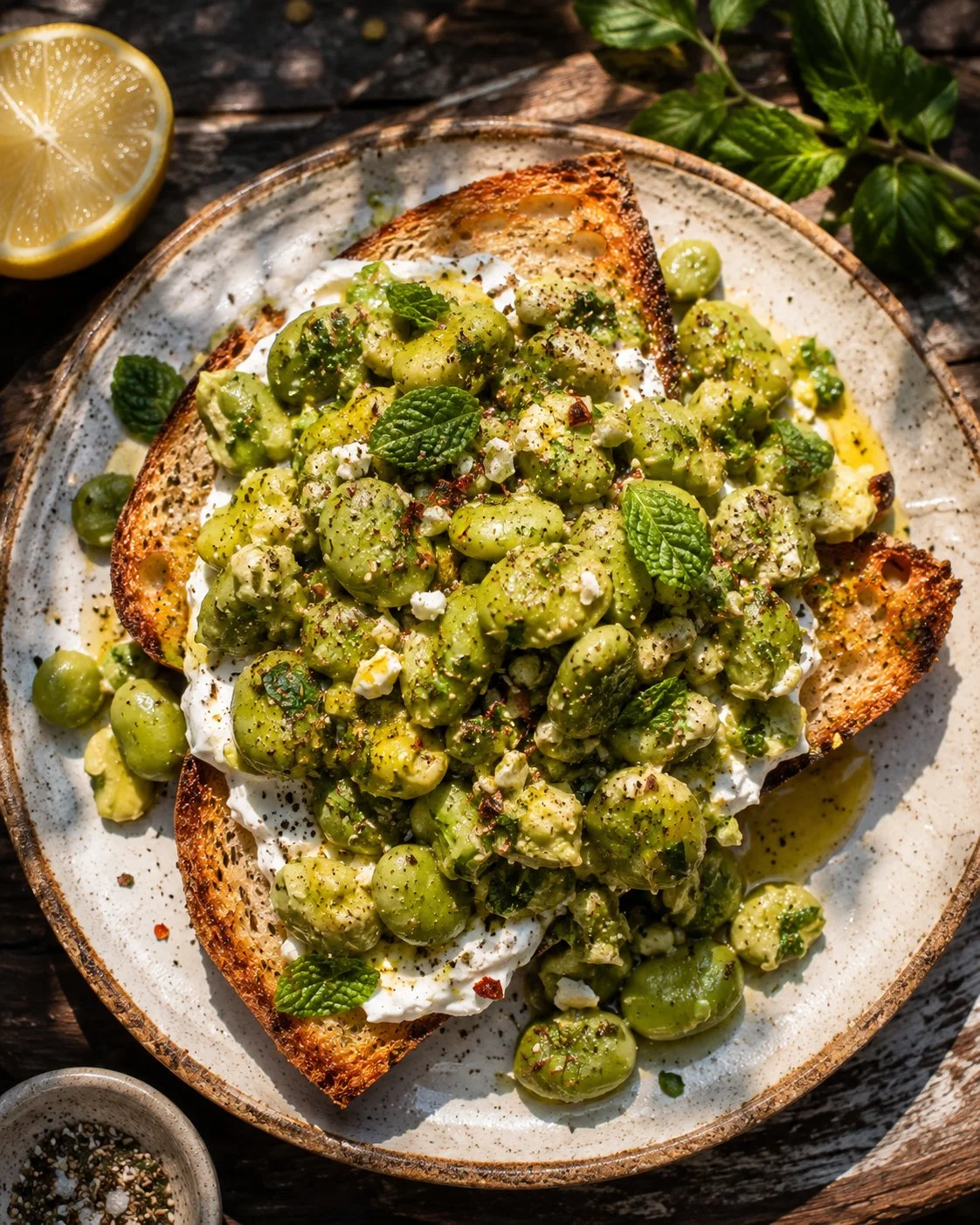 Fried Bread topped with Burrata cheese and Castelvetrano olives on a plate