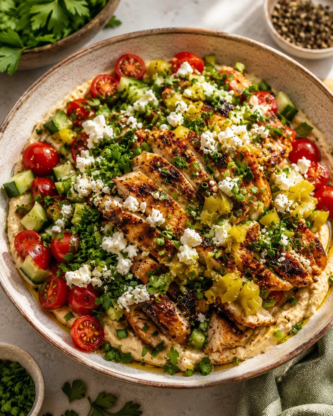 Grilled marinated chicken with a fresh tomato and cucumber salad