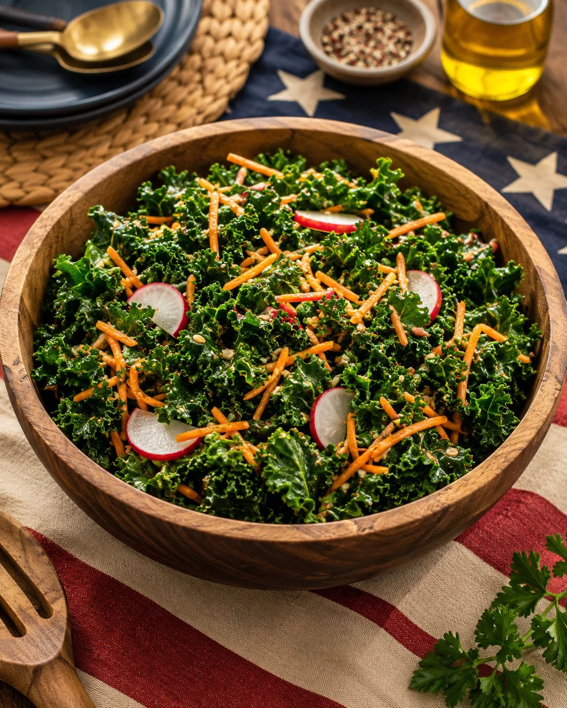 A vibrant bowl of Kale and Carrot Slaw topped with dressing, showcasing fresh ingredients.