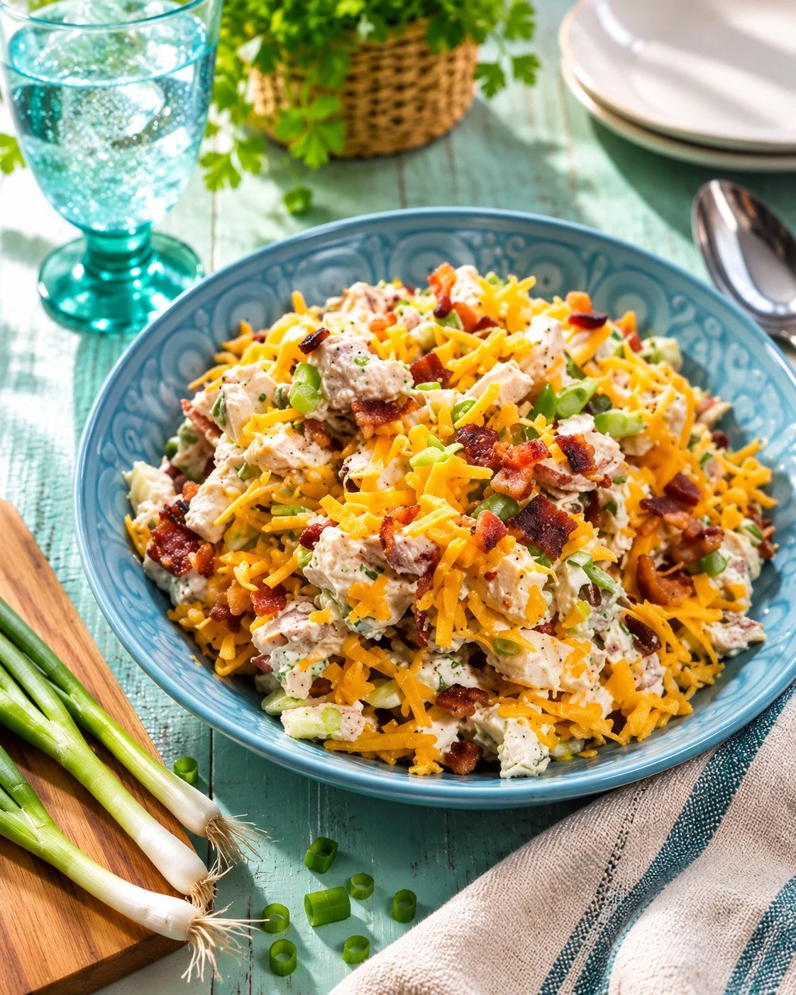 Delicious loaded baked potato salad with cheese and toppings in a bowl